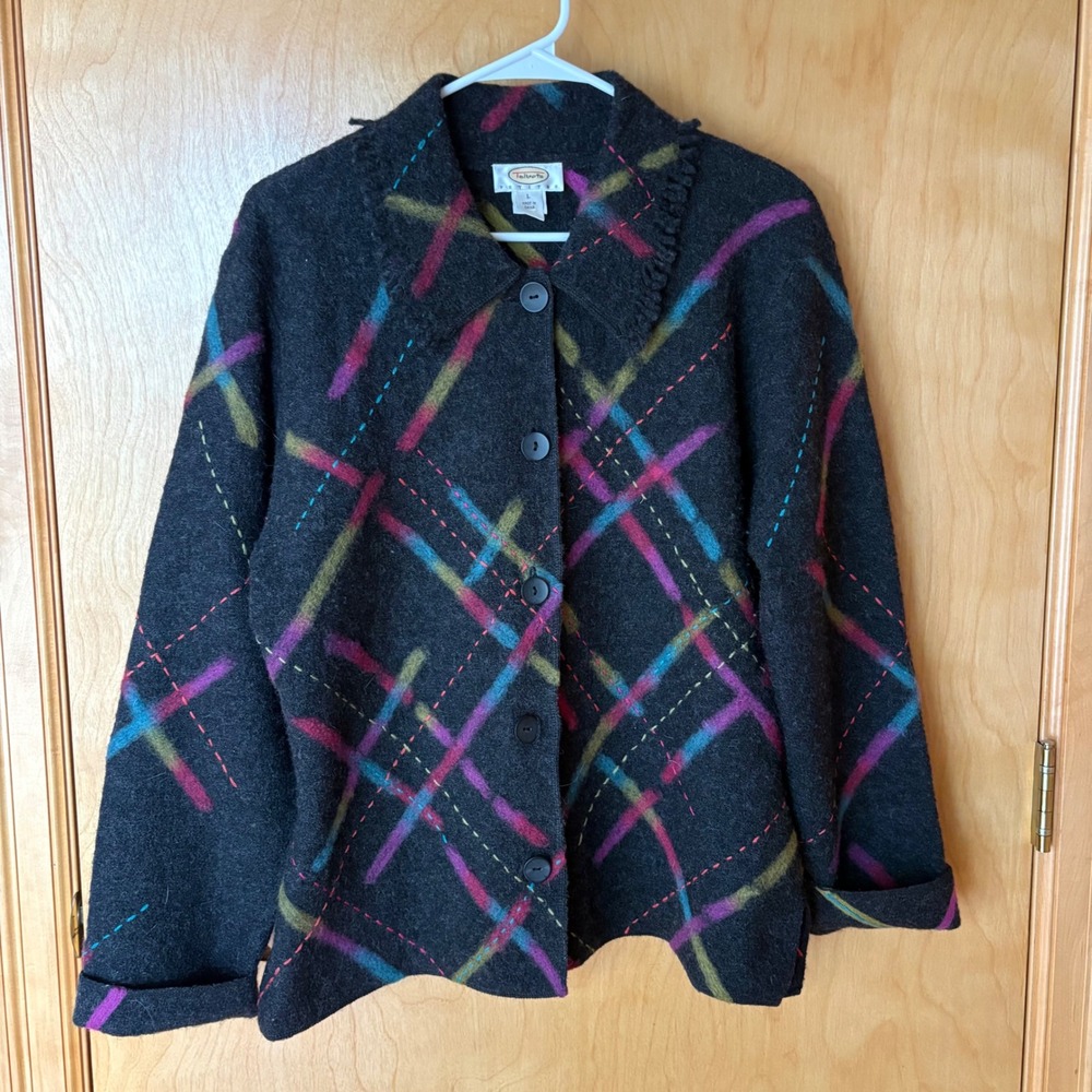 Talbots Wool‎ Jacket Women L Petite Grey Multi Color Plaid Fringed Art to Wear